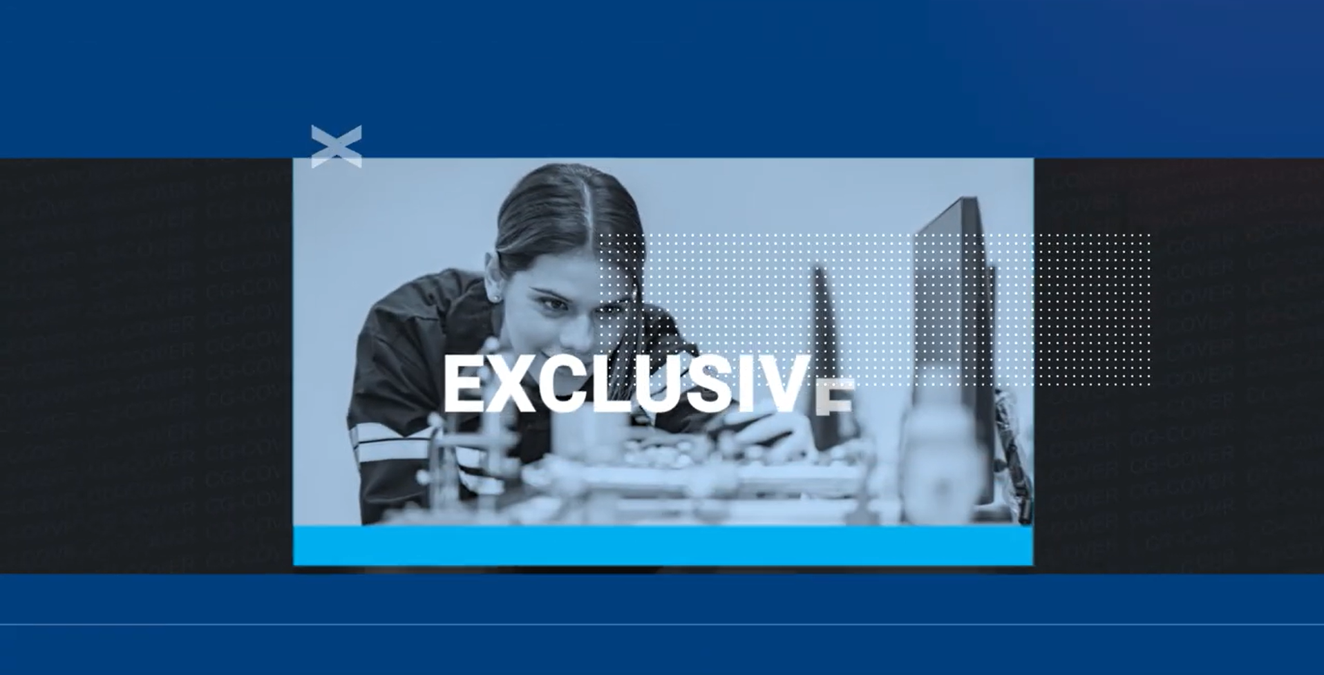 Monochrome blue graphic featuring a woman looking closely at equipment in a laboratory or technical environment, with the word "EXCLUSIVE" prominently overlaying the image.